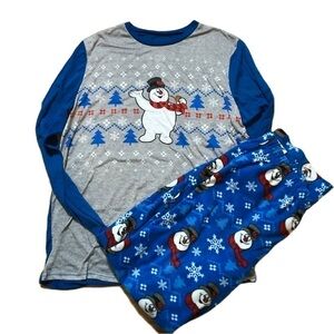 Frosty the Snowman Pajama Set Medium Men’s Long Sleeve Shirt Fleece Pants Blue